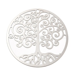 201 Stainless Steel Filigree Pendants, Etched Metal Embellishments, Flat Round with Tree of Life Charm, Stainless Steel Color, 35x0.2mm, Hole: 1.8mm