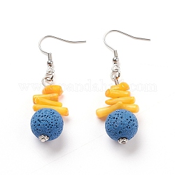 Natural Lava Rock Dangle Earrings, with Synthetic Gemstones, Alloy Spacer Beads and Stainless Steel Earring Hooks, Round, Cornflower Blue, 55~56mm, Pin: 0.7mm