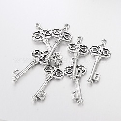Antique Silver Plated Tibetan Silver Key Pendants, Lead Free & Cadmium Free, about 45mm long, 17mm wide, 2mm thick, Hole: 2mm