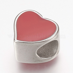 304 smalto in acciaio inox perline europei, perline con foro grande, cuore, rosso, colore acciaio inossidabile, 11x11.5x8mm, Foro: 5 mm