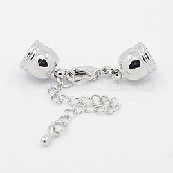 Brass Chain Extender, with Cord Ends and Lobster Claw Clasps, Platinum, 35.5mm long, cord end: 8mm wide, 11mm long, hole: 6.5mm