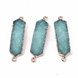 Resin Druzy Links Connectors, with Edge Light Gold Plated Iron Findings, Hexagon, Dark Turquoise, 43.5x10.5x7mm, Hole: 1.8mm