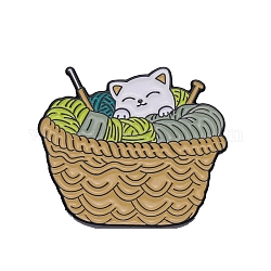 毛糸編みテーマのバスケットと猫のエナメルピン  バックパック服用黒合金漫画バッジ  バリーウッド  25x30mm