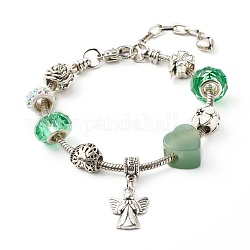 Bracelet européen fleurs de trèfle ange coeur pour femme adolescente, bracelet aventurine verte naturelle & perles de verre & alliage, 8-1/8 pouce (20.5 cm)