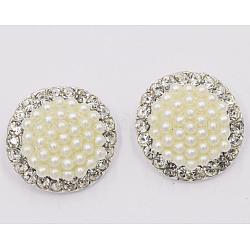 Botones acrílicos de caña de perla y rhinestone, con fornituras de aleación plateada, 1 agujero, plano y redondo, whitesmoke, 19mm, agujero: 2 mm