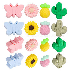 CHGCRAFT 16Pcs 8 Style Food Grade Eco-Friendly Silicone Beads, Chewing Beads For Teethers, DIY Nursing Necklaces Making, Cactus & Daisy & Pineapple & Butterfly, Mixed Color, 20.5~25x15~30x8~12mm, Hole: 2~2.3mm, 2pcs/style