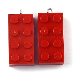 Opaque Acrylic Pendants, with Platinum Iron Loop, Long Rectangle Building Block Charms, Red, 36x16x11.5mm, Hole: 1.5mm