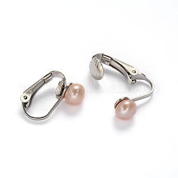 Boucles d'oreilles clips à vis en 304 acier inoxydable avec perles d'eau douce, peachpuff, 16x4x14mm