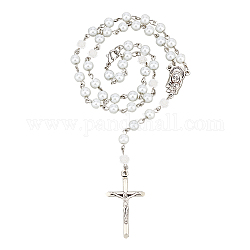 Collier de perles de verre et de chapelet rose en résine, alliage vierge marie avec collier pendentif croix pour femme, argent antique, 19.29~19.88 pouce (49~50.5 cm)