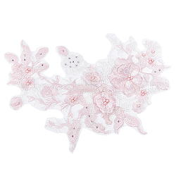 3D-Blumen-Organgza-Polyester-Stickerei-Ornament-Zubehör, Applikationspflaster, Basteln Dekoration nähen, mit Glaswachsperlen, rosa, 350x290x1.5~6 mm