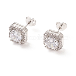 Clear Cubic Zirconia Square Stud Earrings, Brass Jewelry for Women, Cadmium Free & Lead Free, Platinum, 9x9mm, Pin: 0.6mm
