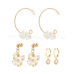 3 Pairs 3 Style Natural Quartz Crystal Chips Beaded Cluster Dangle Stud & Leverback Earrings, Brass Half Hoop Earrings for Women, Golden, 21~32mm, Pin: 0.7~0.9mm, 1 Pair/style