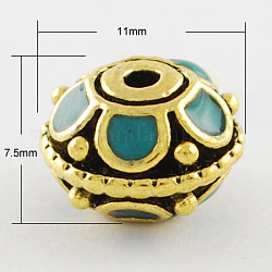 Handmade Indonesia Beads, with Alloy Cores, Flat Round, Antique Golden, Dark Cyan, 11x7.5mm, Hole: 2mm