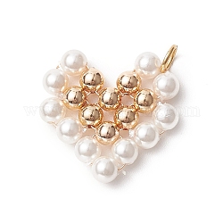 Colgantes de cuentas de perlas de concha, con cuentas reales de latón chapado en oro de 18k, charms del corazón, blanco, 21x22x4mm, agujero: 3.7 mm