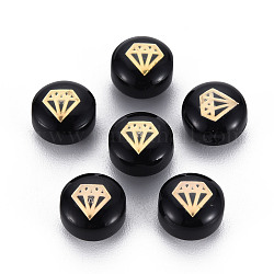 Handmade Lampwork Beads, with Golden Plated Brass Etched Metal Embellishments, Flat Round with Diamond, Black, 8x5~6mm, Hole: 0.8mm