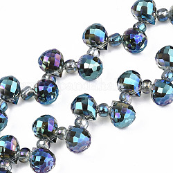 Chapelets de perles en verre transparente  , perles percées, de couleur plaquée ab , larme à facettes, dark cyan, goutte d'eau: 9.5x8mm, Trou: 0.8mm, perles: 3~4x2.5~3.5 mm, Environ 100 pcs/chapelet, 23.62 pouce (60 cm)