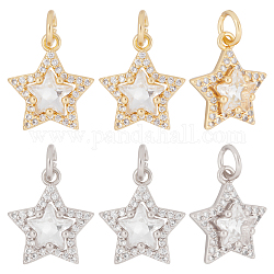 Beebeecraft 8Pcs 2 Colors Brass Cubic Zirconia Charms, with Jump Ring, Long-Lasting Plated, Lead Free & Cadmium Free, Star, Real 18K Gold Plated & Real Platinum Plated, 13.5x11.5x4.5mm, Hole: 3.2mm, 4pcs/color