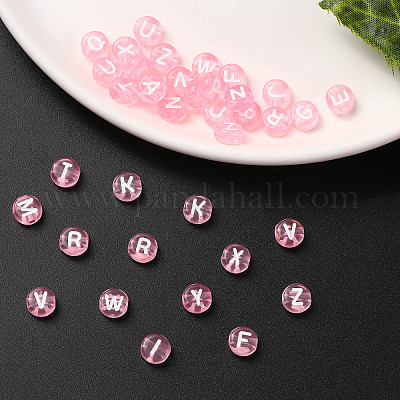 Transparent Pink Acrylic Beads, Horizontal Hole, Mixed Letters, Flat Round  with White Letter, 7x4mm, Hole: 1.5mm, 100pcs/Bag