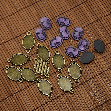 Nickel Free Antique Bronze Alloy Cabochon Connector Settings and 13x18mm Purple Resin Cameo Lady Head Portrait Cabochons Sets DIY-X0081-NF-1