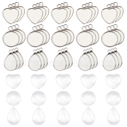 DICOSMETIC 60pcs 3 Styles Stainless Steel Flat Round Pendant Trays Treadrop Blank Pendants Heart Plain Edge Bezel Cups with Transparent Glass Cabochons for Jewelry Making DIY-DC0001-13-1