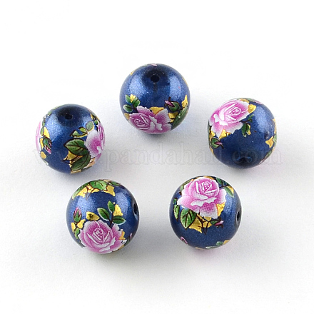 Perles rondes imprimées de motif de fleur rose en verre GFB-R005-10mm-B01-1