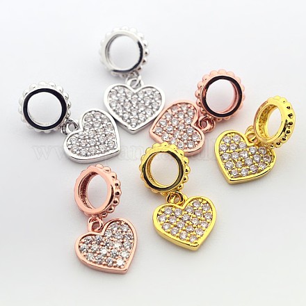 Brass Micro Pave Cubic Zirconia Large Hole European Dangle Heart Charms ZIRC-N009-01M-1