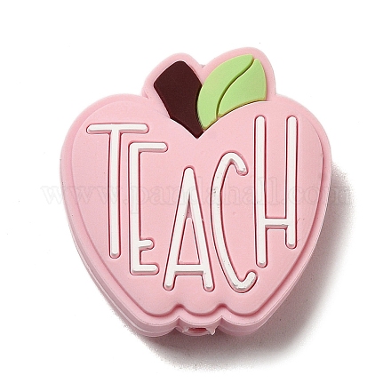 教師の日のリンゴと単語を教えるシリコーン焦点ビーズ  チーターのための咀嚼ビーズ  DIYの看護ネックレス用  ピンク  30x28x9mm  穴：2.5mm SIL-D005-01A-01-1