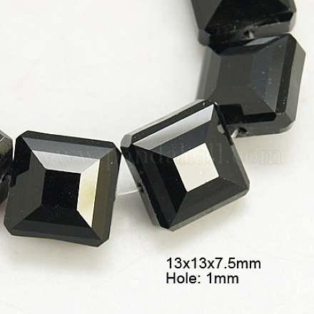 電気メッキガラスビーズ  パール光沢メッキ  多面カット  正方形  ブラック  13x13x7.5mm  穴：1mm EGLA-H002-E-05-1