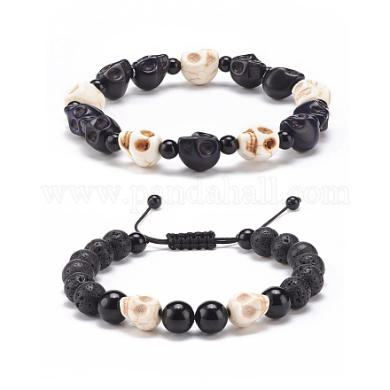 2 pièces 2 style roche de lave naturelle et crâne de pierres précieuses mélangées ensemble de bracelets de perles tressées BJEW-JB08381-1