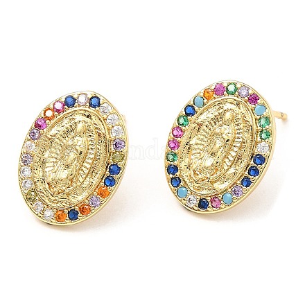Rack Plating Brass Oval with Virgin Mary Stud Earrings with Colorful Cubic Zirconia EJEW-A103-04G-1