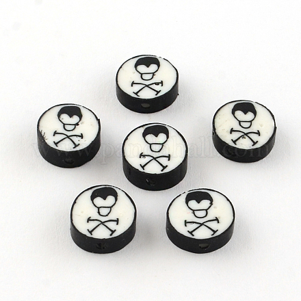 Handmade Flat Round with Skull Polymer Clay Beads CLAY-R060-59-1