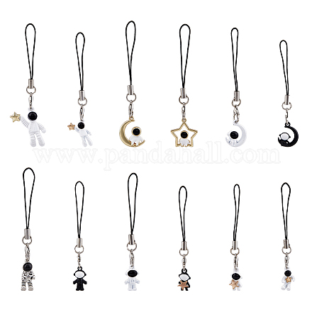 SUPERFINDINGS 12Pcs 12 Styles Spaceman Cell Phone Charms Astronaut Star Moon Phone Straps with Lobster Clasp Lanyard Alloy Cute Phone Backpack Lanyard Charms Black White Golden Hanging Charms HJEW-FH0006-47-1