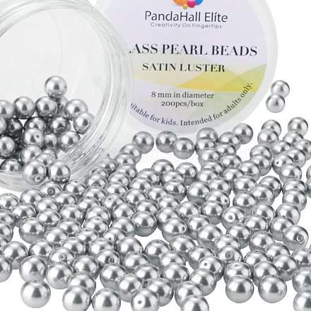 8mm sobre 200pcs cuentas de perlas de vidrio gris pequeño brillo satinado perlas redondas sueltas en una caja para la fabricación de joyas HY-PH0001-8mm-026-1