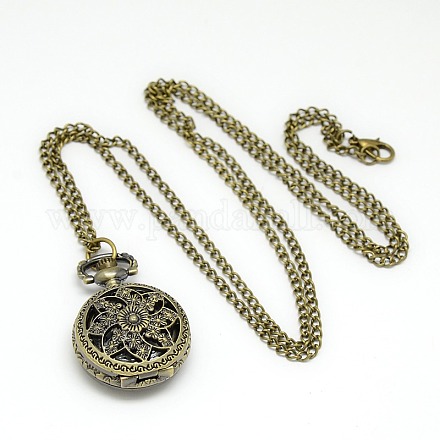 Alloy Flat Round with Flower Pendant Necklace Quartz Pocket Watch WACH-N011-54-1