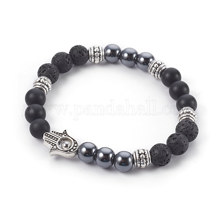 Эластичные браслеты из натурального лавового камня и черного агата (окрашенные) BJEW-JB04006-04-1