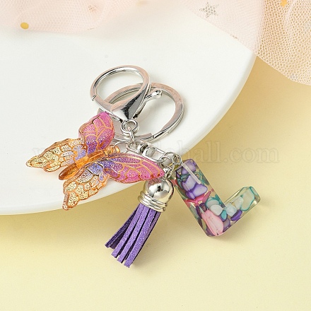 Porte-clés lettre en résine et breloques papillon en acrylique KEYC-YW00001-12-1