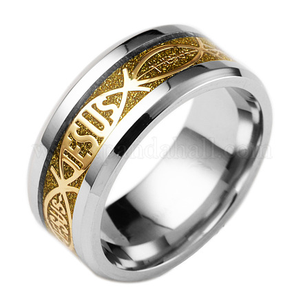 201ステンレススチール製ワイドバンド指輪  イースターのために  単語イエスのichthys  サイズ9  ゴールド  19mm RJEW-T005-9-25B-1