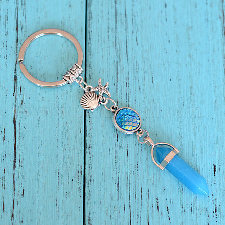 Porte-clés pendentif balle en agate bleue naturelle KEYC-PW0009-03D-1