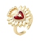 Rack Plating Heart Brass Micro Pave Cubic Zirconia Open Cuff Rings for Women, with Enamel, Cadmium Free & Lead Free, Long-Lasting Plated, Real 18K Gold Plated, Adjustable, Heart: 26x21.5mm