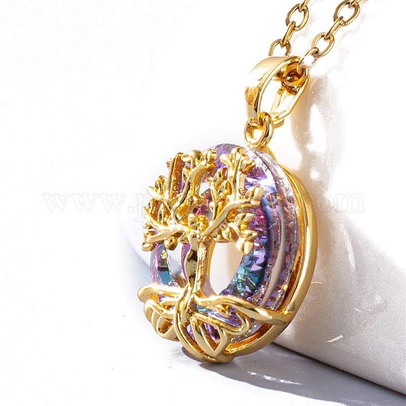 Wholesale Brass Cubic Zirconia Flat Round with Tree of Life Pendant