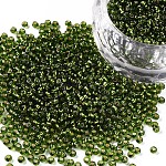 12/0 grade a perles de rocaille en verre rondes, Argenté, vert olive, 12/0, 2x1.5mm, Trou: 0.3mm, environ 30000 pcs / sachet 