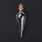Colgantes grandes de botella de corcho de vidrio en forma de lágrima, colgante de botella de los deseos de vidrio vacío, con bucles de hierro tono platimen, Claro, 73mm, agujero: 2.5 mm, capacidad: 15ml (0.51fl. oz)