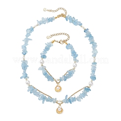Sets aus Halsketten und Armbändern mit natürlichen Aquamarin-Splitterperlen für Damen&nbsp;SJEW-JS01372-01
