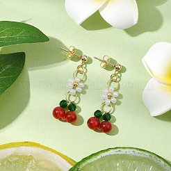 Boucles d'oreilles pendantes en verre cerise et fleur&nbsp;EJEW-JE06172-01