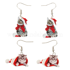 2 Paar 2 Stil Weihnachtsmütze mit Katze Acryl baumeln Ohrringe&nbsp;EJEW-AN0002-37