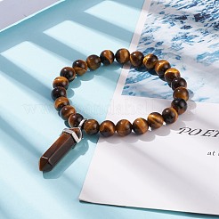 Bracelet extensible en perles rondes en œil de tigre naturel avec breloque en forme de balle&nbsp;BJEW-JB08310-02