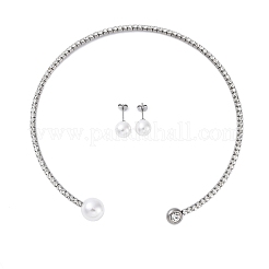 Runde Ohrstecker aus Kunstperlen aus Kunststoff und Halsketten-Sets mit Zirkonia-Strass&nbsp;SJEW-U003-07P