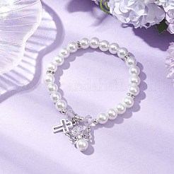 Pulseras elásticas de perlas de vidrio perlado y aleación para mujer&nbsp;BJEW-JB11364-01