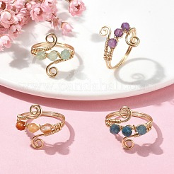 4 Stück 4 Stile natürliche gemischte Edelstein-Fingerringe mit runden Perlen&nbsp;RJEW-TA00105