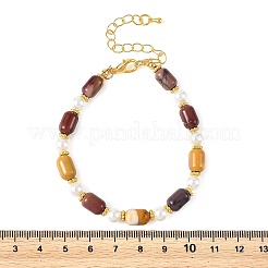 Pulseras de perlas redondas blancas y cuentas de mookaite natural en forma de columna.&nbsp;BJEW-JB14322